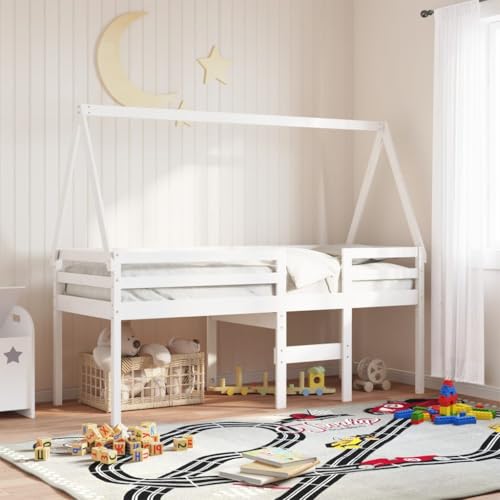 LoogCape Cama alta con techo blanco, 90 x 190 cm, madera maciza de pino, escalera segura, resistente cuna para espacios pequeños, cama de juegos, cama juvenil, duradera