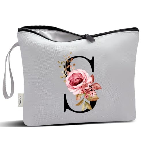 Image of Vavabox A-Z Personalized Makeup Bag, Birthday Gifts for Women Mom, Gifts for Best Friend, Bride Bridesmaid Cosmetic bag (S, Grey)