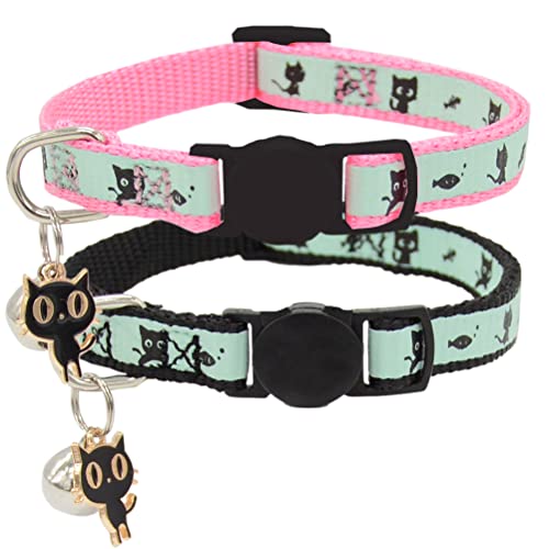 Image of 2 Pack Glow in The Dark Cat Collar with Bell Breakaway Safety Cat Puppy Collars with Pendant Black and Pink