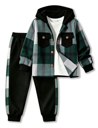 Image of Toddler Boy Clothes Plaid Hooded Shirt White T-shirt Top and Solid Color Pants 3Pcs Winter Boys Clothes