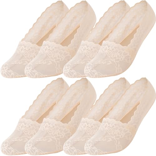 No Show Socks for Women 4 Pairs Low Cut Ankle Lace Socks Soft Anti Slid Invisible Summer Flat Socks