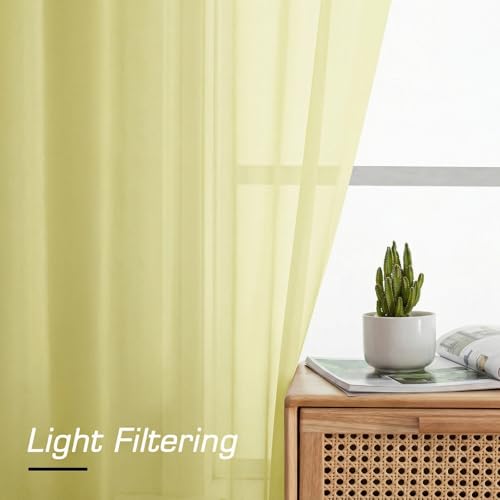 Image of Simplebrand Light Yellow Rod Pocket Top Solid Voile Sheer Curtains for Bedroom, 54 Inch Length Drapes Set of 2, Lightweight and Light Filtering Elegant Curtains Panels Window Treatment, 42Wx54L
