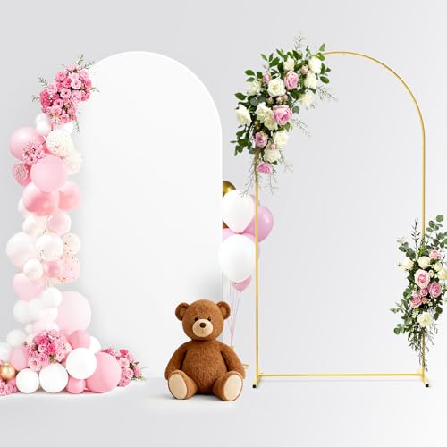 Pureegg Arch Backdrop Stand and Cover Set - 7.2FT Gold Metal Frame with White Fabric Cover Easy-to-Assemble Wedding Arch Stand for Parties and Celebrations