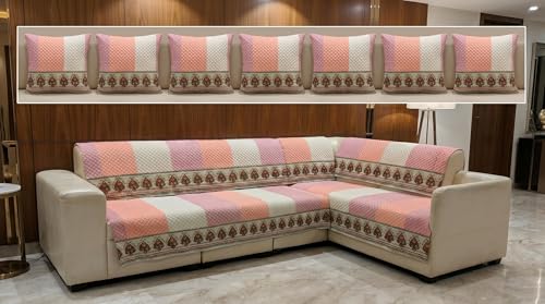 Image of Luxury Sofa Cover L Shape 7 Seater with Matching Cushion Cover 16x16 inch - Pastel Pink Stripe 4+3 Seater (7 Seater) Quilted Sofa Cover Set Pack of 12, Washable, Pink Peach Cream