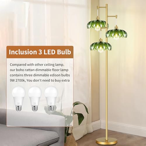 Image of ZECOXOL Gold Floor Lamps for Living Room Bedroom-3 Light Glass Floor Lamp with Three Led Bulb,Mid Century Standing Lamp Vintage Brass Tall Lamp Tree Floor Lamp for Bedroom Corner