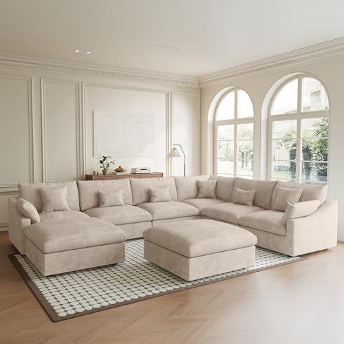 Image of Modular Sectional Sofa Cloud Couch, Oversized 8 Seater Sofa with Ottomans, Extra Large U Shaped Deep Seat Sectional Couches for Living Room, Khaki Sofa Covers Washable&Removable