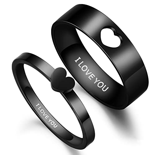 Misumor 1Pcs Couples Rings Matching Heart Promise Rings For Her Or Him Silver/Gold/Rose Gold/Black I Love You Engagement Wedding Bands With Necklace Chain Stainless Steel Couples Gifts #TOP11