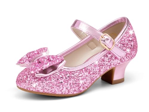 Image of Haloumoning Girls Dress Shoes Mary Jane Heels Flower Girl Shoes Bow Glitter Princess Wedding Party Pump Shoes