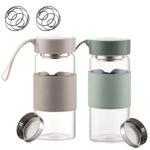 2 Stück Protein Shaker Glas 480 ml BPA-frei & geruchlos Glas Shaker Flasche mit Sieb und 304 Edelstahl-Mischkugel Eiweißshaker Becher für Fitness Protein- & Shake-Getränke (Grau+Grün 480ml)