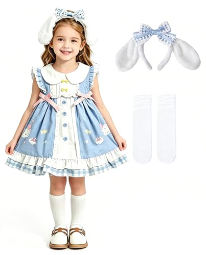 DZTYG Girls Blue Sleeveless Lolita Style Dress with Bunny Ear Headband Socks Cloud Candy Print Dresses Sweet Skirt Ruffle Bow for Toddler Kids