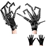 Spooktacular Creations Halloween Articulated Finger Black Gloves, Articulated Finger Extensions Finger Claw for Scary Skeleton Cosplay Hands, Costume Dress up Party