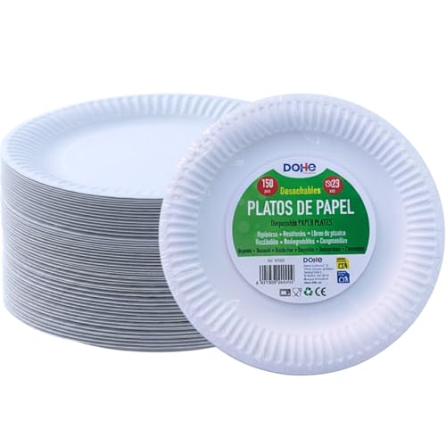 Dohe Horeca - Platos Desechables Blancos (150 uds.) - Tamaño 23 cm, Formato Redondo, Platos de Papel Planos Reciclables, Ecológicos para Fiestas, Cumpleaños, Celebraciones