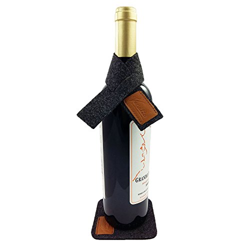Venetto Set für Wein Weinmanschette Tropfstopper Weinkragen Schal Tropfenfänger mit Untersetzer aus Filz Mit Echtleder-Applikationen (Meliert Schwarz) Cover