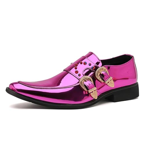 Mocasines de charol con doble correa de monje para hombre, con remaches, antideslizantes, impermeables, Oxford, zapatos de vestir formales de negocios, Purple, 42 2/3 EU