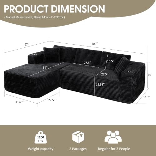 Image of Cloud Sectional Boneless Couches for Living Room,Modular Sectional Sofa with 2 Cup Holders,Memory Foam Cloud Couch with L Shaped Oversized Chaise,No Assembly Needed Plush Corduroy Sofa,Black