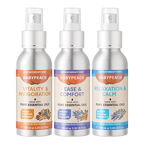 Babypeach Linen and Room Spray, Aromatherapy Mist with Essential Oils for Relaxation & Calm, Ease & Comfort,Vitality & Invigoration, 3.38 Oz Fabric Spray, Pillow Spray, Air Freshener (3 Pack)â¦