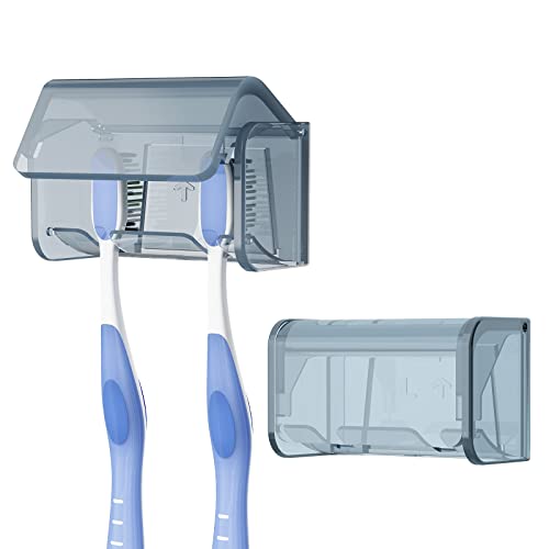 Linkidea Lot de 2 supports muraux pour brosse à dents avec couvercle, support pour brosse à dents pour douche, autocollant, 2 emplacements pour ranger les brosses à dents (gris) Cover