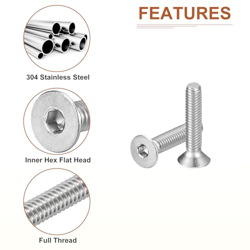 Image of DTGN M4-0.7 x 20mm Flat Head Socket Cap Screws, 100 Pack 304 Stainless Steel Hex Socket Flat Head Screws, Full Thread, Countersunk Bolts