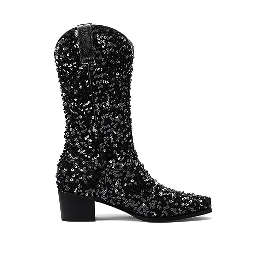 FAIRSOMA Womens Rhinestone Sequin Western Cowgirl Ankle Boots,Slip-On Glitter Cowboy Boots Sparkly Chunky Heel Mid Calf Boots Pointed Toe Ladies Party Dress Shoes4