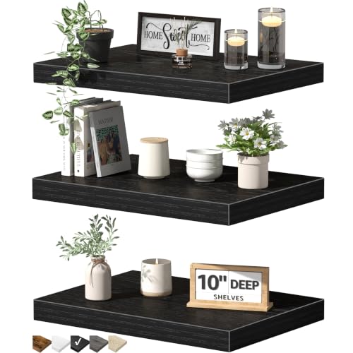 Image of QEEIG 10 inch Deep Floating Shelves for Wall - 10 x 16 inch Book Shelf Bathroom Bedroom Kitchen Living Room Hanging Bookshelf Farmhouse Set of 3, Black (025-40B3)