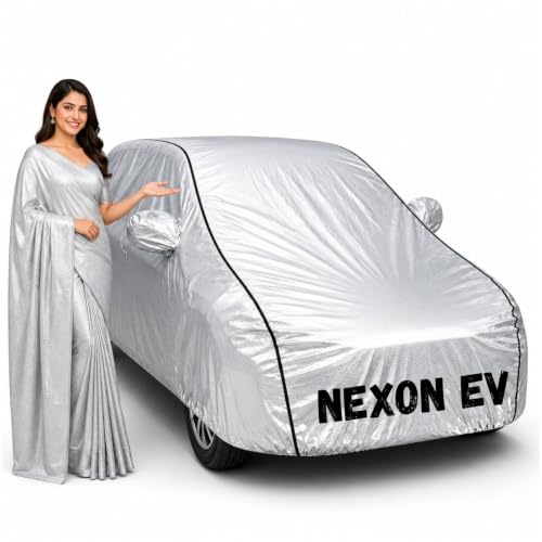 Image of Waterproof Car Body Cover for Nexon Ev All Weather Protection Comes with Inner Cotton Lining & Triple Stitched with Mirror & Antenna Pocket Belt & Elastic Fit Metallic Silver with Black Piping1