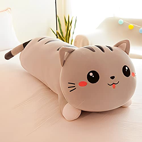 Image of Tickles Cat Soft Stuffed Plush Bolster Pillow Toy for Kids Birthday Gift (Size: 65 cm; Color: Grey)