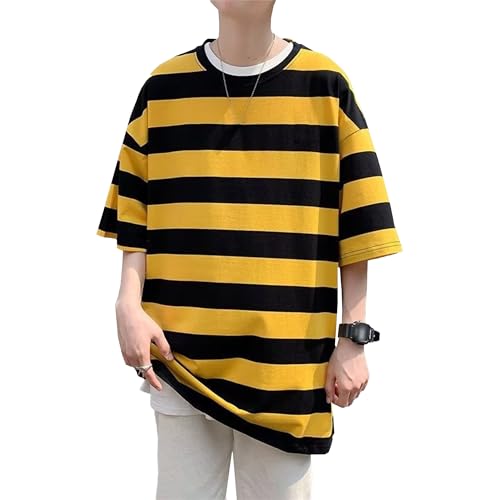 Men Casual Striped Student Shirts Thin Simple Style Crewneck Sport T Shirt Summer Classic Color Block Pullover Tops