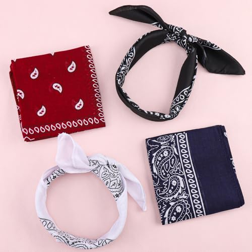 4Pack 100% Cotton Bandanas for Men Women Hair Large Paisley Bandana Red Black Cowboy Bandana Headband,Square Wrap Scarf Wristban-Black/White/Wine Red/Navy Blue - Thumbnail 3