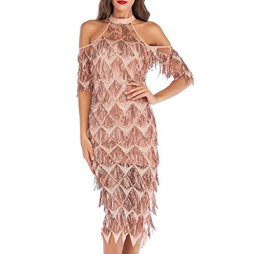 Vestido Largo Fiesta Elegantes para Mujer Primavera Verano 2019,PAOLIAN Vestido Noche Sexy Cuello Hálter Manga Cortas Hombro Descubierto Vestido con Flecos Transparentes Entallados