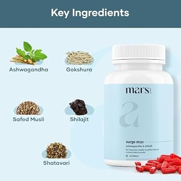 Mars Surgemax Natural Capsules with Shilajit & Safed Musli | Supports Energy, Strength & Immunity | for Active Lifestyle | 60 Capsules | Pack of 1