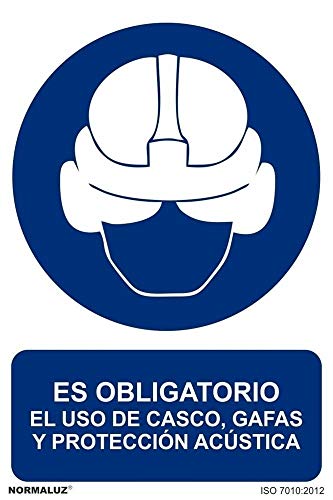 Normaluz Rd26613 - Señal Adhesiva Es Obligatorio El Uso Del Casco, Gafas Y Protección Acústica Adhesivo De Vinilo 10X15 Cm Con Cte, Ripci
