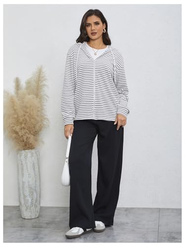 MakeMeChic Women's Striped Drawstring Full Zip Jacket Hooded Drop Shoulder Jackets4