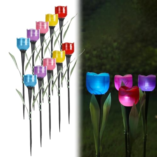 WRQIOO Lot de 10 tulipes solaires sur piquet - Lampes solaires pour jardin, extérieur, jardin, éclairage multicolore pour cour, patio, clôture, décorations...