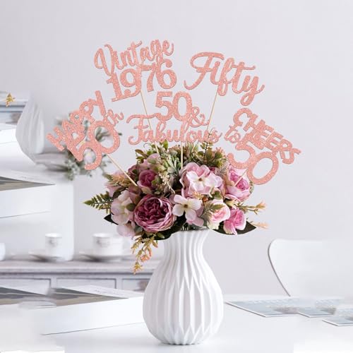 Image of 15 PCS 50th Birthday Centerpiece Sticks Fifty Happy 50 Vintage 1976 Table Flower Centerpieces Sticks Cheers to 50 Fabulous Floral Decorations 50th Birthday Party Centerpieces Supplies Rose Gold