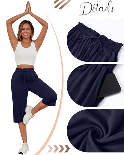 Neer 3 Pack Capri Pants for Women Cotton High Waisted Wide Leg Cropped Trousers Drawstring Ruffled Palazzo with Pockets4