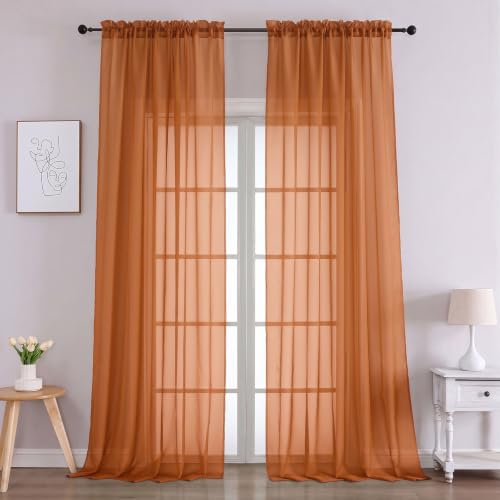 Image of Orange Bedroom Curtains 2 Panel Sets 96 Inch Length, 59 Inch Extra Wide Light Filtering Voile Drapes Light Airy Window Drapes for Patio Door Living Room Bedroom Dining, 59Wx96L Inches
