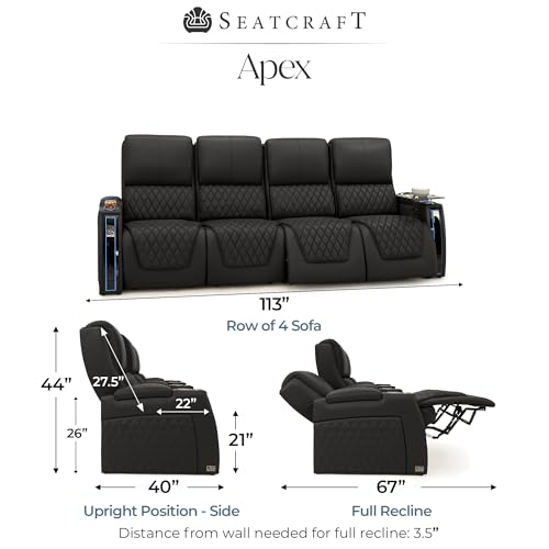 Image of Seatcraft Apex Black Italian Leather Home Theater Seating, Zero Gravity Power Recliner, Powered Headrest and Lumbar Gaming and Home Office Chair, Lounge Sofa Furniture for Cinema Room, Row of 4 Sofa