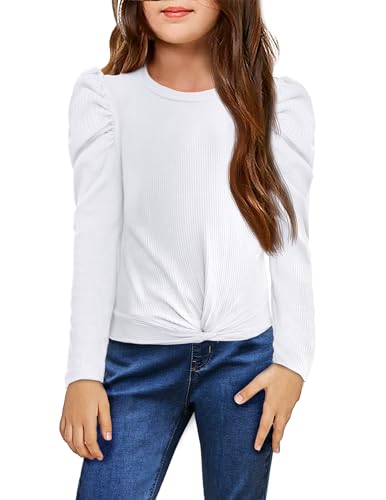 Image of Arshiner Girls Puff Long Sleeve Shirts Twist Front Ribbed Knit T Shirt Crop Tops Tee Blouse