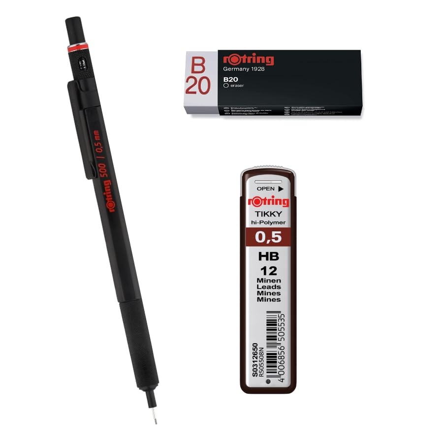 rOtring 500 Mechanical Pencil 0.5mm - Black Barrel Tikky Lead Refills, HB - 0.5mm (12 Leads) | Eraser B20