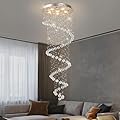 Wansi Shine 87" H Modern Large Spiral Crystal Stair Chandelier, Brushed Nickel 6-Light High Ceiling Chandelier, Raindrop Flush Mount Ceiling Light for Foyer Living Room, Included Bulbs, UL Listed
