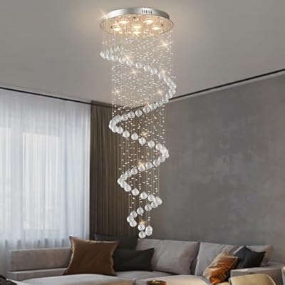 Wansi Shine 87" H Modern Large Spiral Crystal Stair Chandelier, Brushed Nickel 6-Light High Ceiling Chandelier, Raindrop Flush Mount Ceiling Light for Foyer Living Room, Included Bulbs, UL Listed