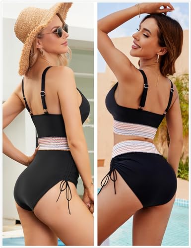 Blooming Jelly Women Tummy Control Swimsuits Color Block Slimming Bathing Suit Modest V Neck Swim Suits (L,Black) 5