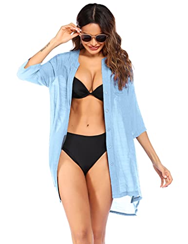 Image of Ekouaer Bathing Suit Cover Up for Women V Neck Button Down Swimsuit Coverup Beach Dress Shirt S-3XL