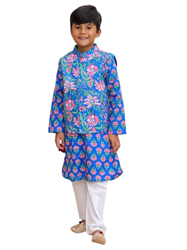 Image of The Mom Store Boys Printed Cotton Kurta Pajama Set With Jacket | Soft And Comfortable Ethnic Wear For Baby /Kids Boys | Full Sleeves Kurta Pyjama Set | Traditional Indian Outfit
