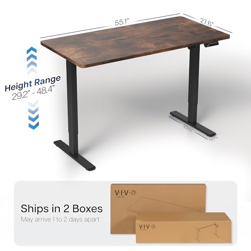 Image of VIVO Rustic Vintage Brown 55 x 28 in Standing Desk, DESK-KIT-1B55N | Electric, Holds 220 lbs, Sit Stand, Height Adjustable, Solid One-Piece Table Top, Memory Presets, 1B Series, Black Frame