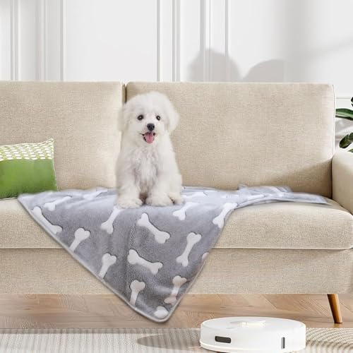 1 Pack 3 Puppy Blankets for Large Dogs Super Soft Warm Sleep Mat Grey Cute Print Fluffy Fleece Pet Throw Dog Blankets for Medium Dogs Cats,Star&Bone&Love-Large(40"x30")