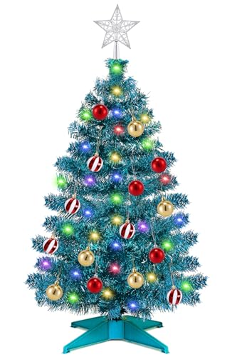 [ Timer & 12 Modes ] 3 Ft Blue Christmas Tree with DIY 50 Warm White & Multi Color Lights 15 Ball Ornaments 3D Star Remote Control Battery Operated Pencil Full Tree Xmas Christmas Decorations Table