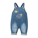 Rainjia Baby Latzhose jeans aus Baumwolle mit Sonnenstickerei Gr. 62/68/74/80, Kleinkind Ärmellos Strampler Overall mit große Tasche Mädchen jeanhose Jumpsuit Latzhose 86/92/98
