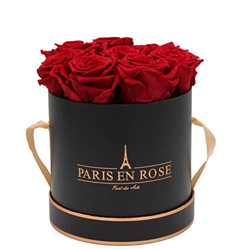 PARIS EN ROSE Rosenbox Pont des Arts Bijou | Schwarz-Roségold mit bordeauxroten Infinity Rosen | Flowerbox mit 8-9 konservierten Blumen