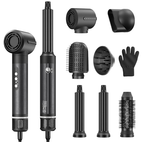 Krovtoy 7 in 1 Magic Styler, 7 in 1 Hair Styler,a hair dryer head, diffuser, concentrator nozzle, straightening comb, round comb, 30mm left curling wand and 30mm right curling wand, black